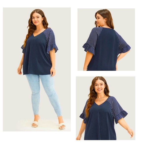 NWT- Bloomchic Navy Polka Dot Raglan Sleeve Ruffle Trim Blouse - Picture 1 of 6